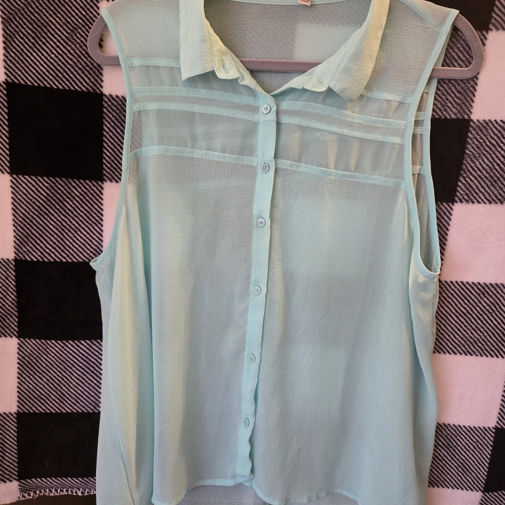 American Eagle Outfitters Mint Blue Sheer Sleeveless Button-Up Camisole
